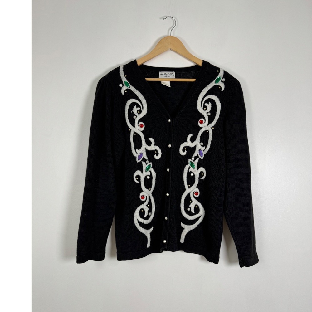 Grandma Core Andrea Gayle Petites Sm Cardigan Black Embroidered Gemstone Pearl